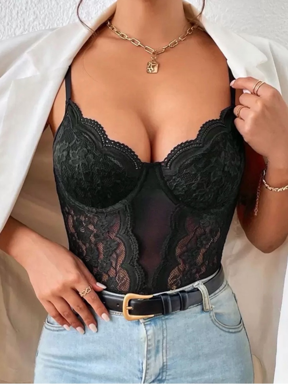 Black Lace Bodysuit Top Size Medium